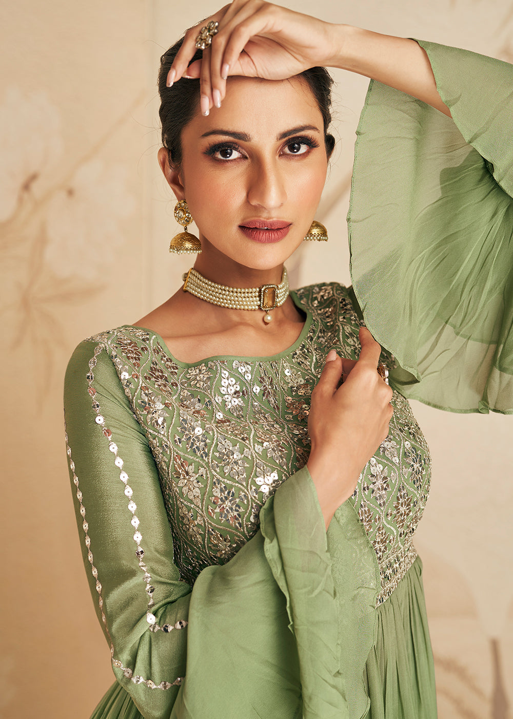 Pistachio Green Embroidered Georgette Plazzo Suit