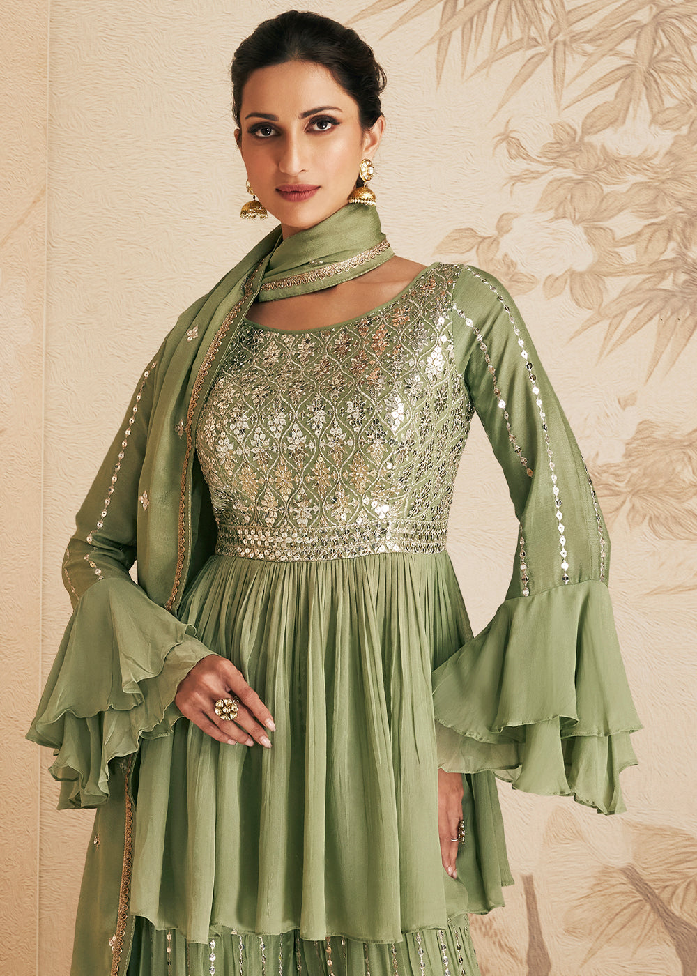 Pistachio Green Embroidered Georgette Plazzo Suit