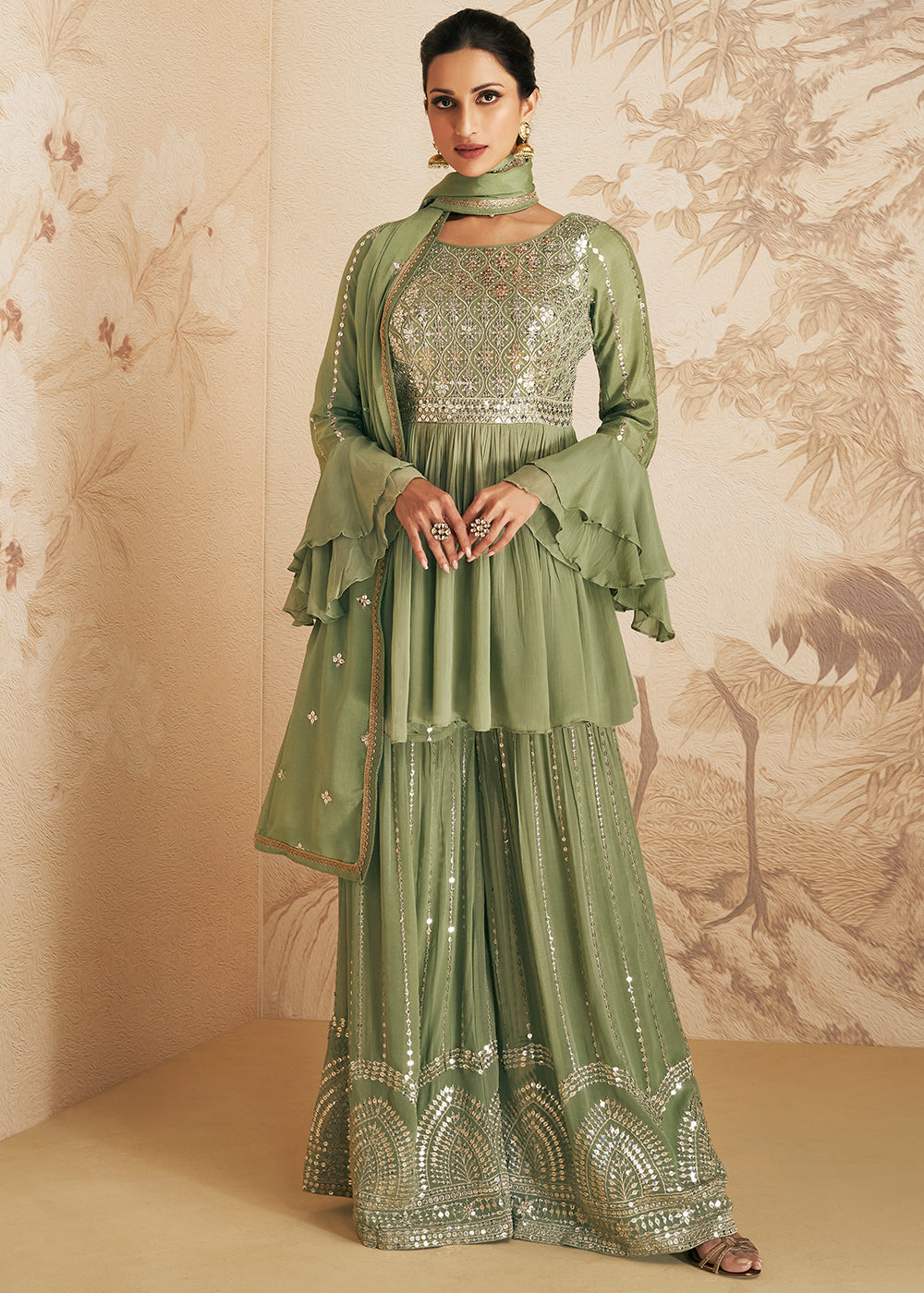 Pistachio Green Embroidered Georgette Plazzo Suit