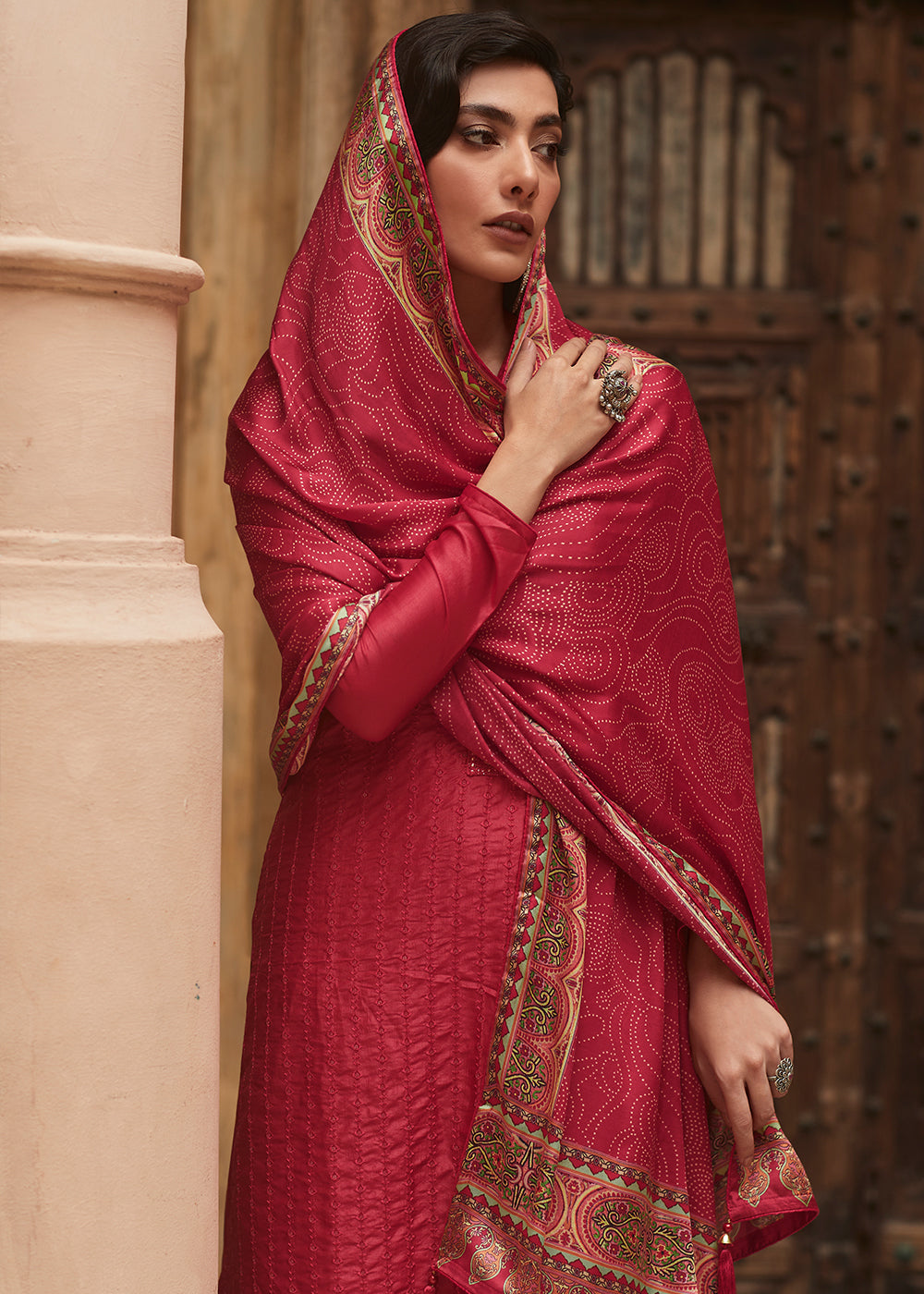 Cerise Pink Digital Printed Designer Silk Suit