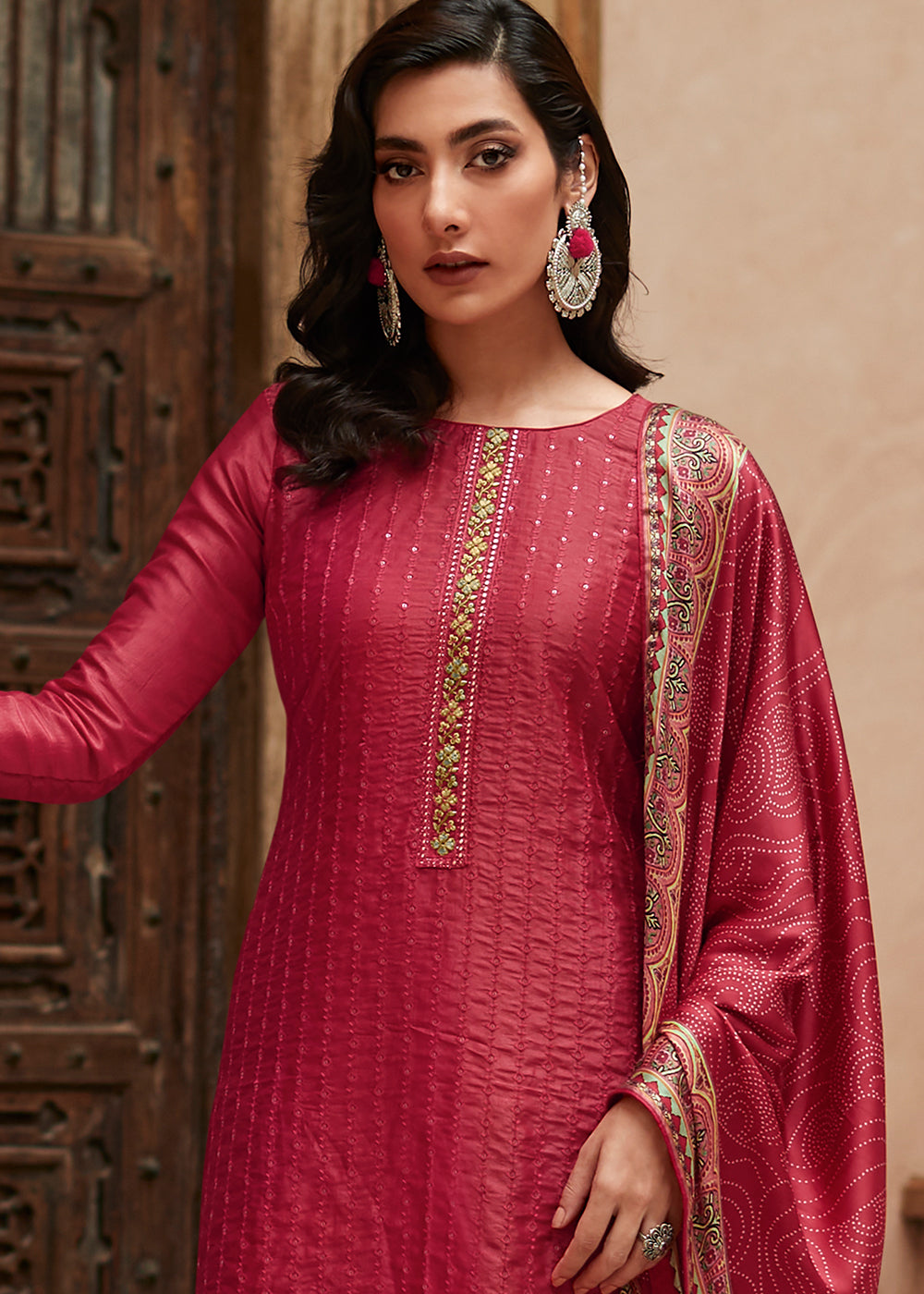 Cerise Pink Digital Printed Designer Silk Suit