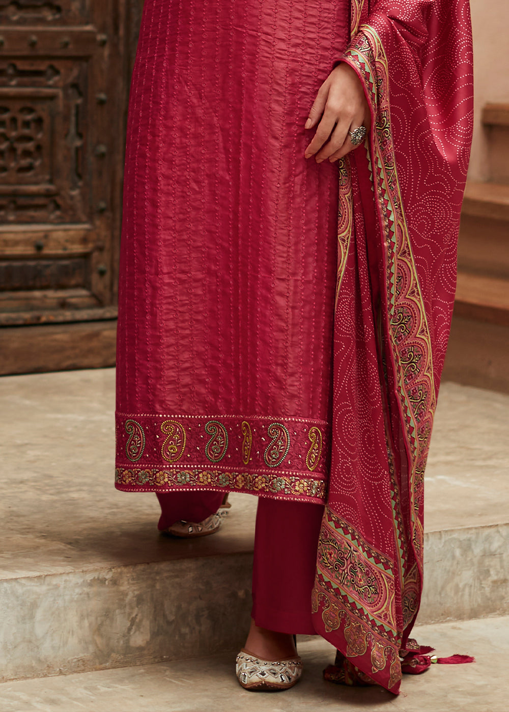 Cerise Pink Digital Printed Designer Silk Suit