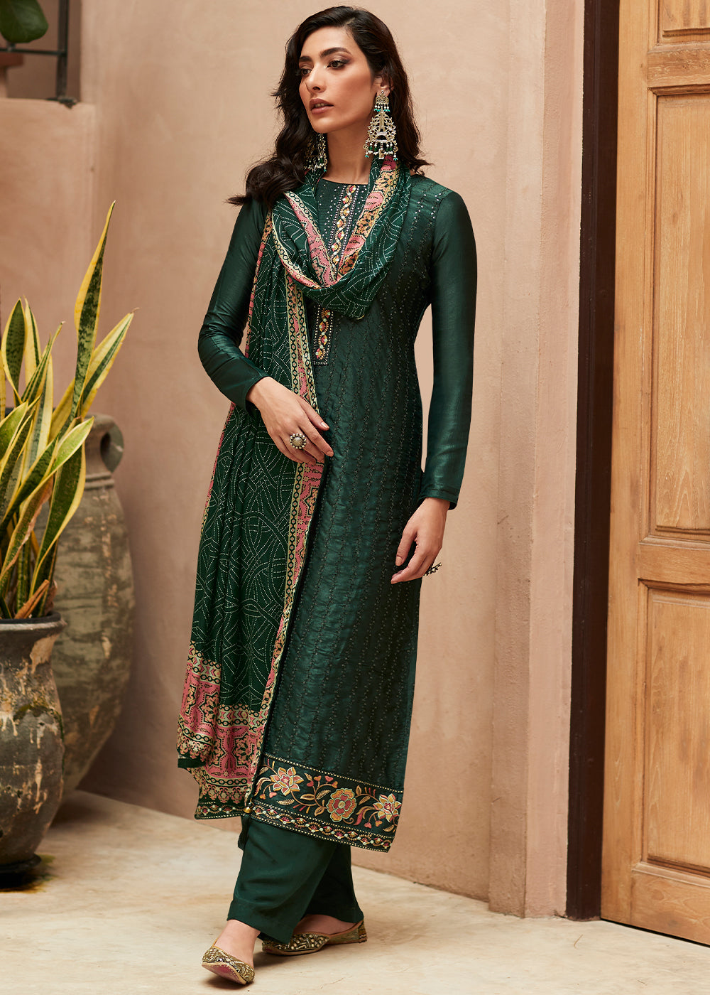 Dark Green Digital Printed Designer Silk Suit