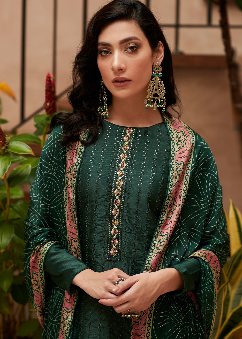 Dark Green Digital Printed Designer Silk Suit