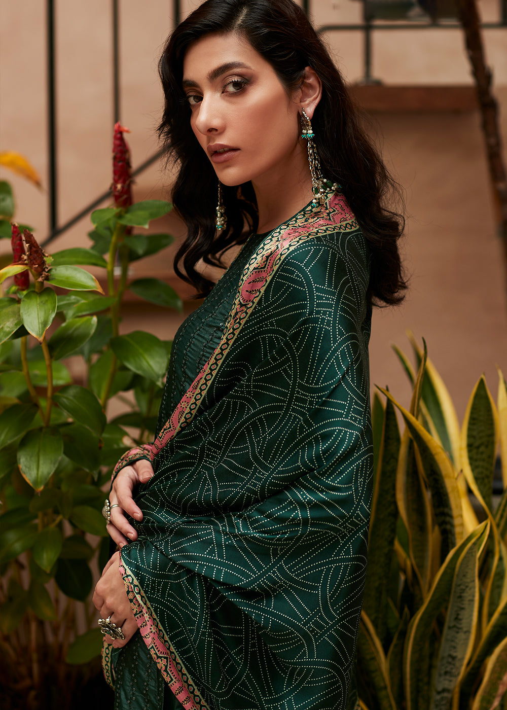 Dark Green Digital Printed Designer Silk Suit