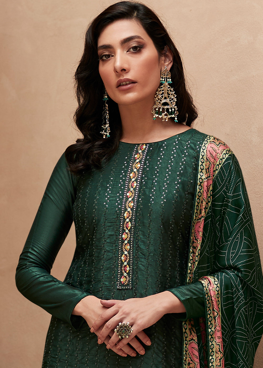 Dark Green Digital Printed Designer Silk Suit