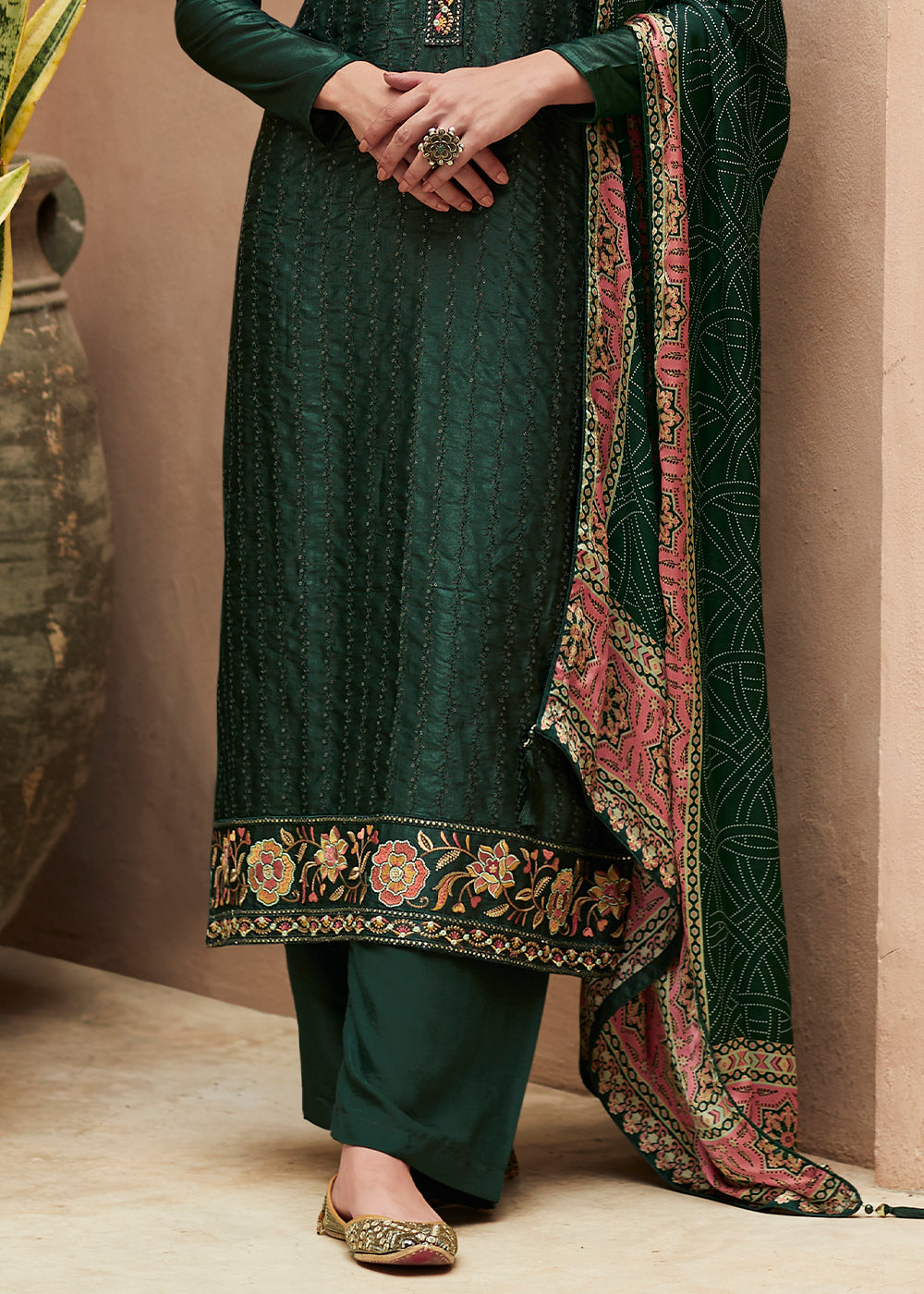 Dark Green Digital Printed Designer Silk Suit