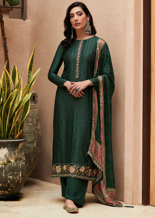 Dark Green Digital Printed Designer Silk Suit