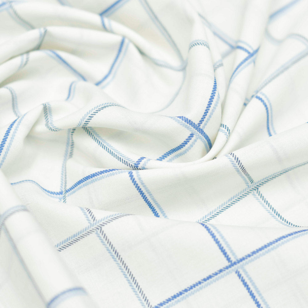 White and Blue Checks Screen Printed Cotton Fabric