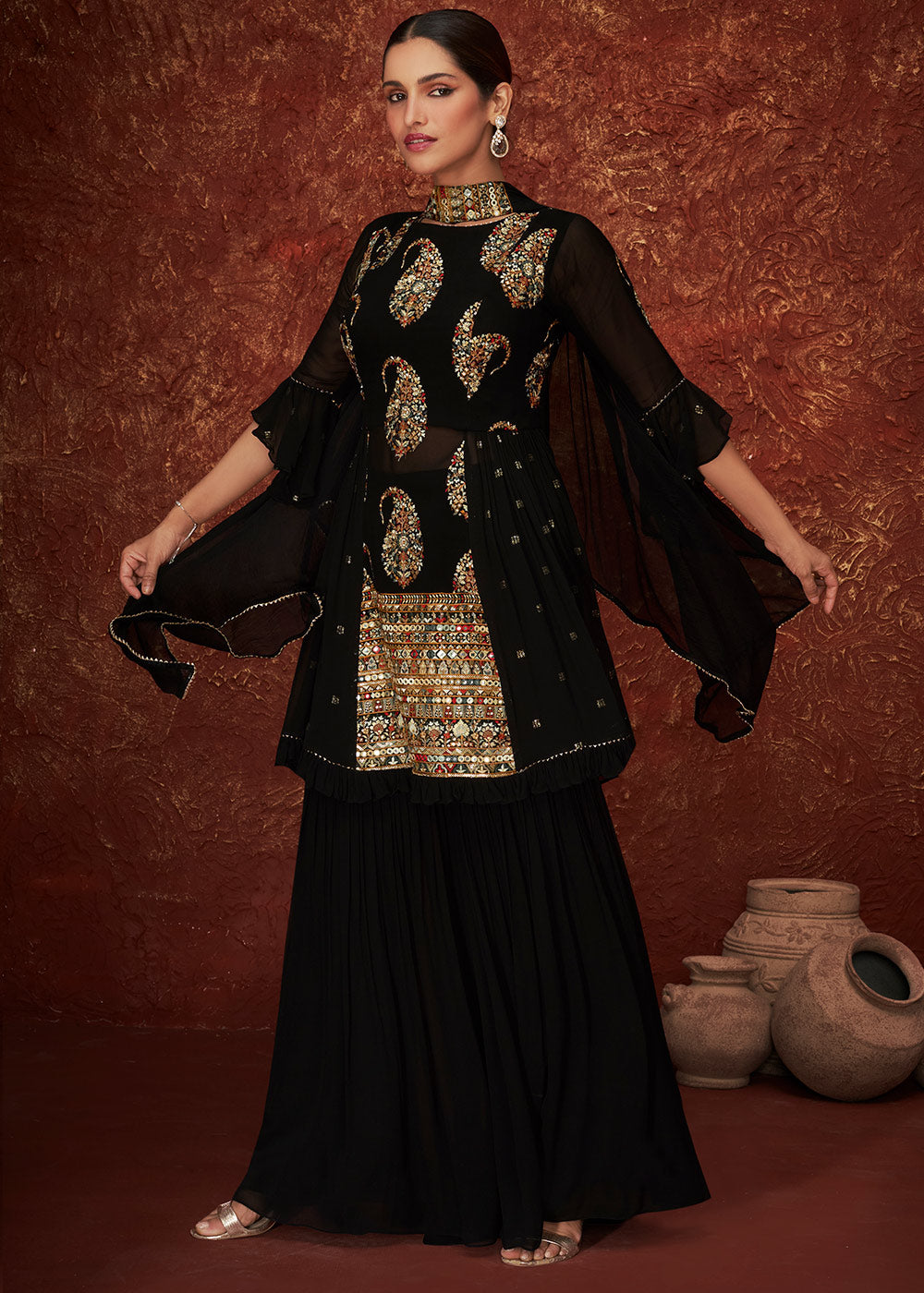 Jade Black Embroidered Georgette Designer Plazzo Suit