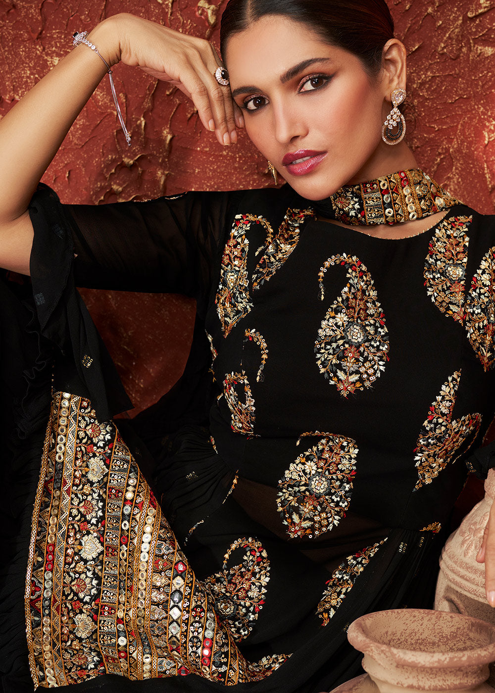 Jade Black Embroidered Georgette Designer Plazzo Suit