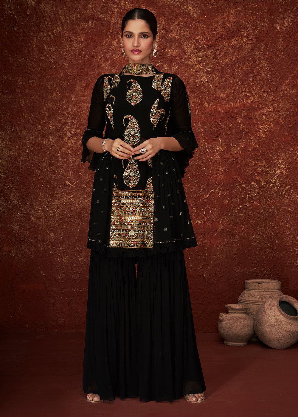 Jade Black Embroidered Georgette Designer Plazzo Suit