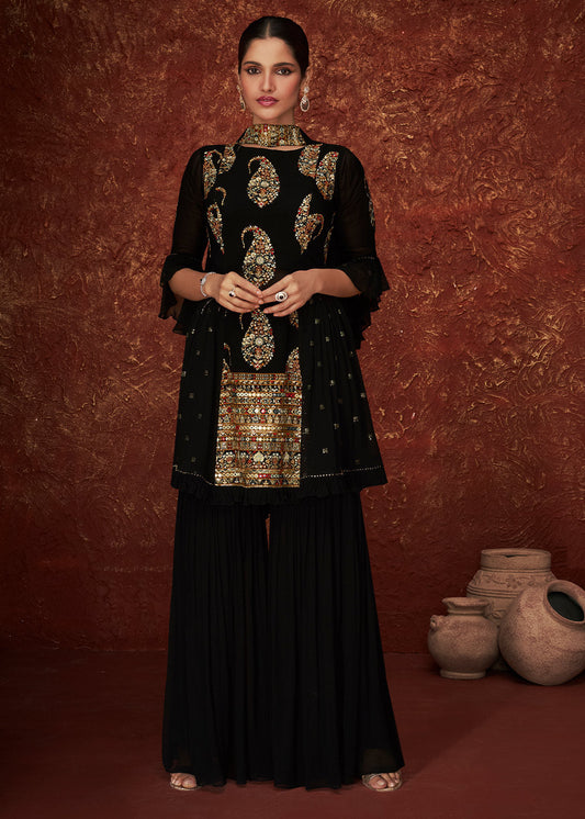 Jade Black Embroidered Georgette Designer Plazzo Suit