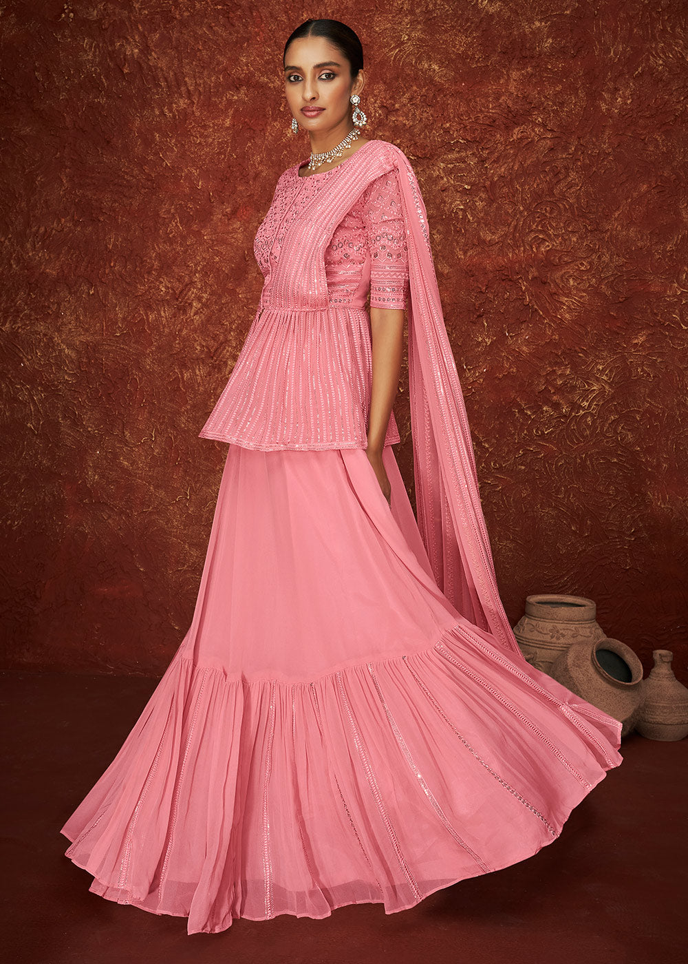 Persian Pink Embroidered Georgette Designer Plazzo Suit