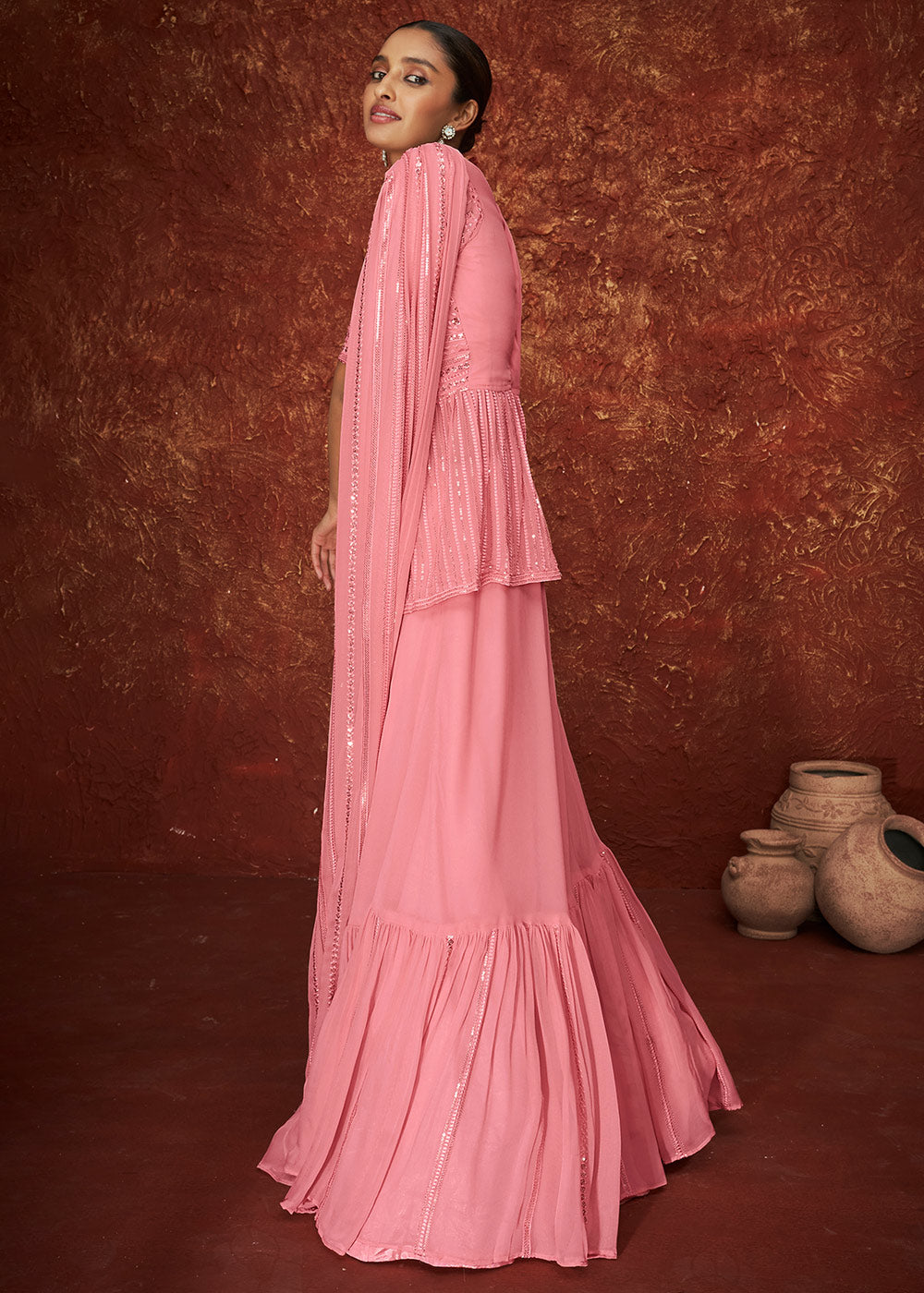 Persian Pink Embroidered Georgette Designer Plazzo Suit