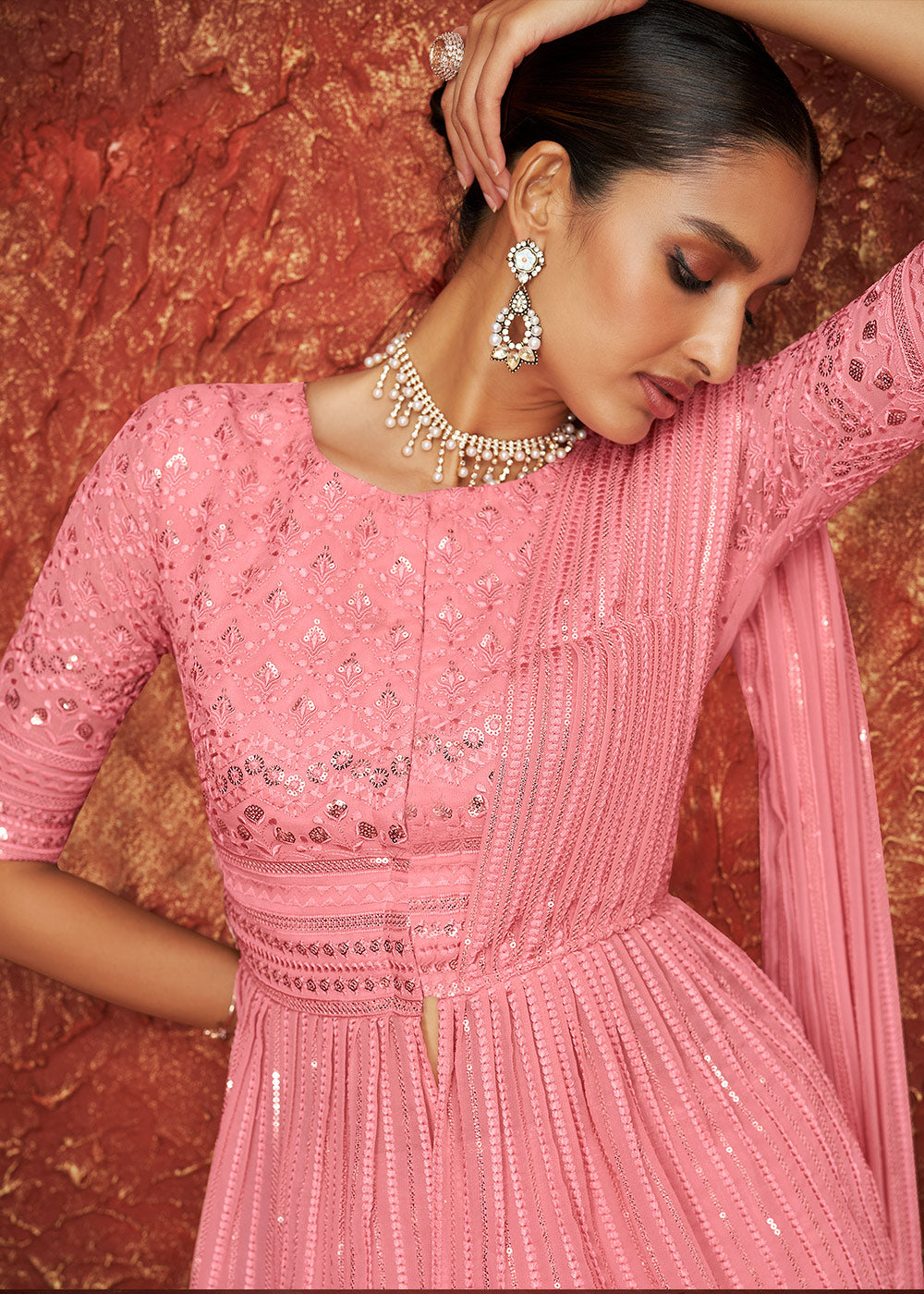 Persian Pink Embroidered Georgette Designer Plazzo Suit