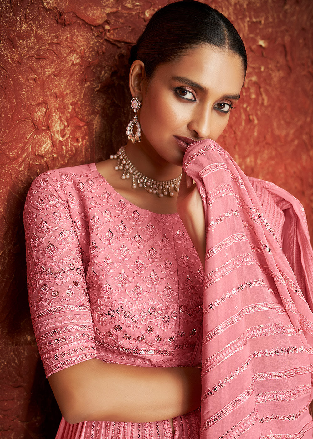 Persian Pink Embroidered Georgette Designer Plazzo Suit