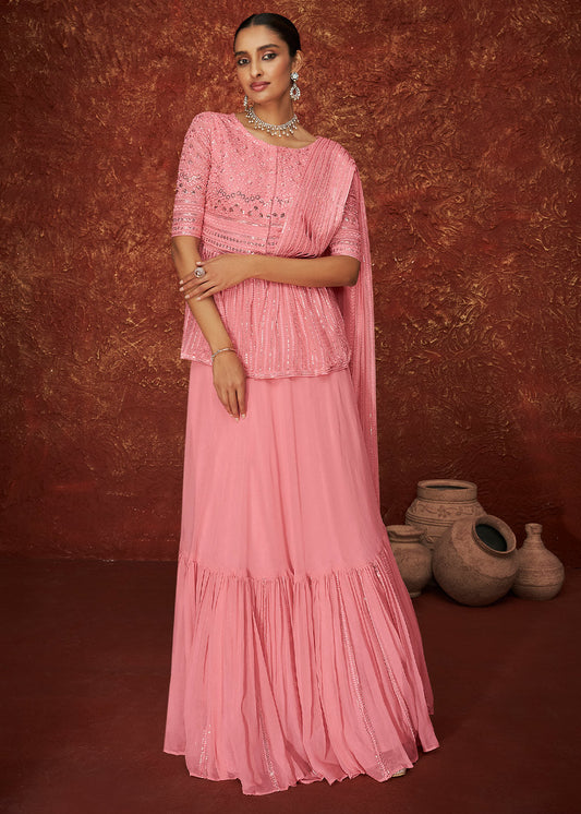 Persian Pink Embroidered Georgette Designer Plazzo Suit