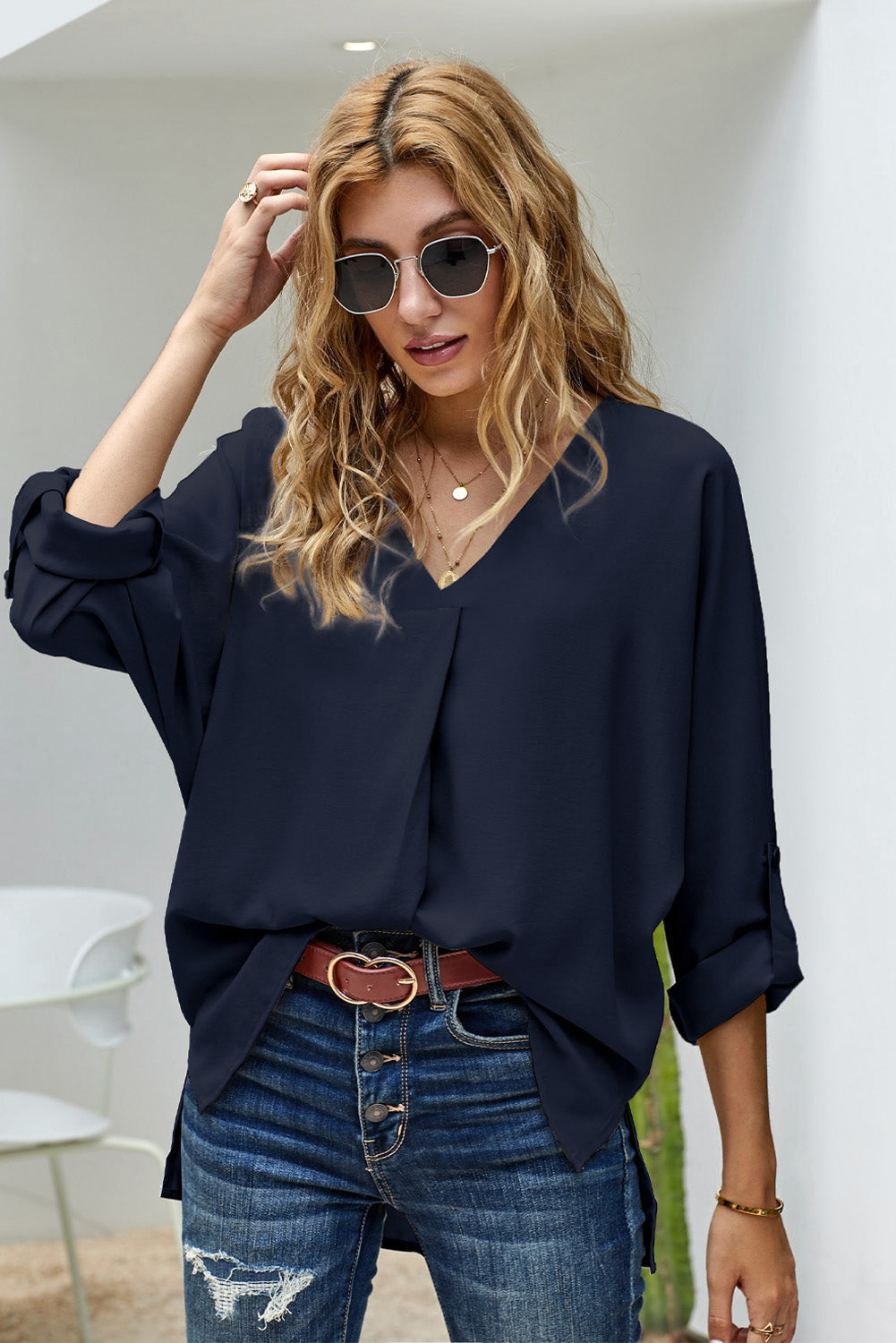 V-Neck Slit High-Low Blouse