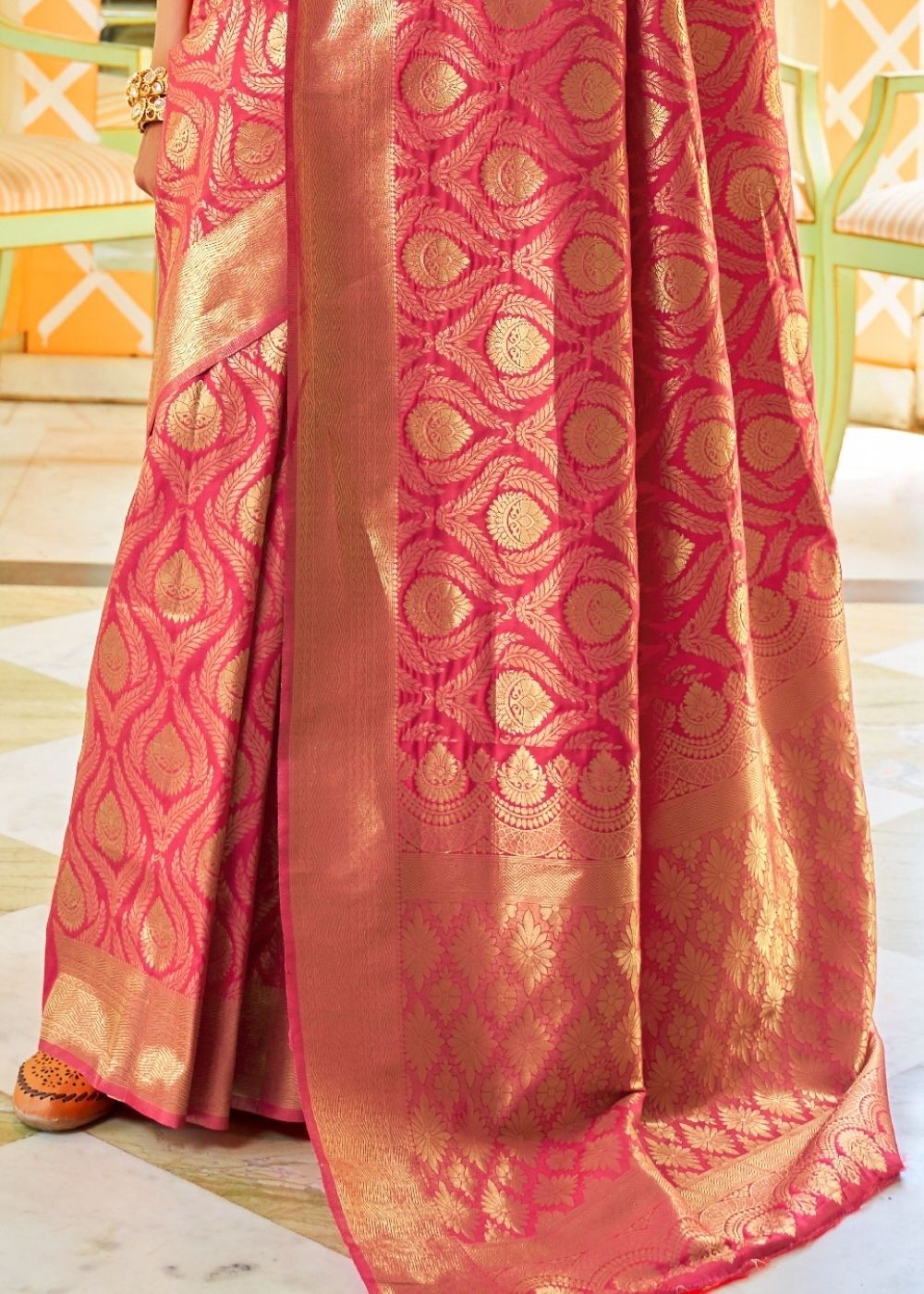 Punch Pink and Golden Blend Woven Banarasi Silk Saree