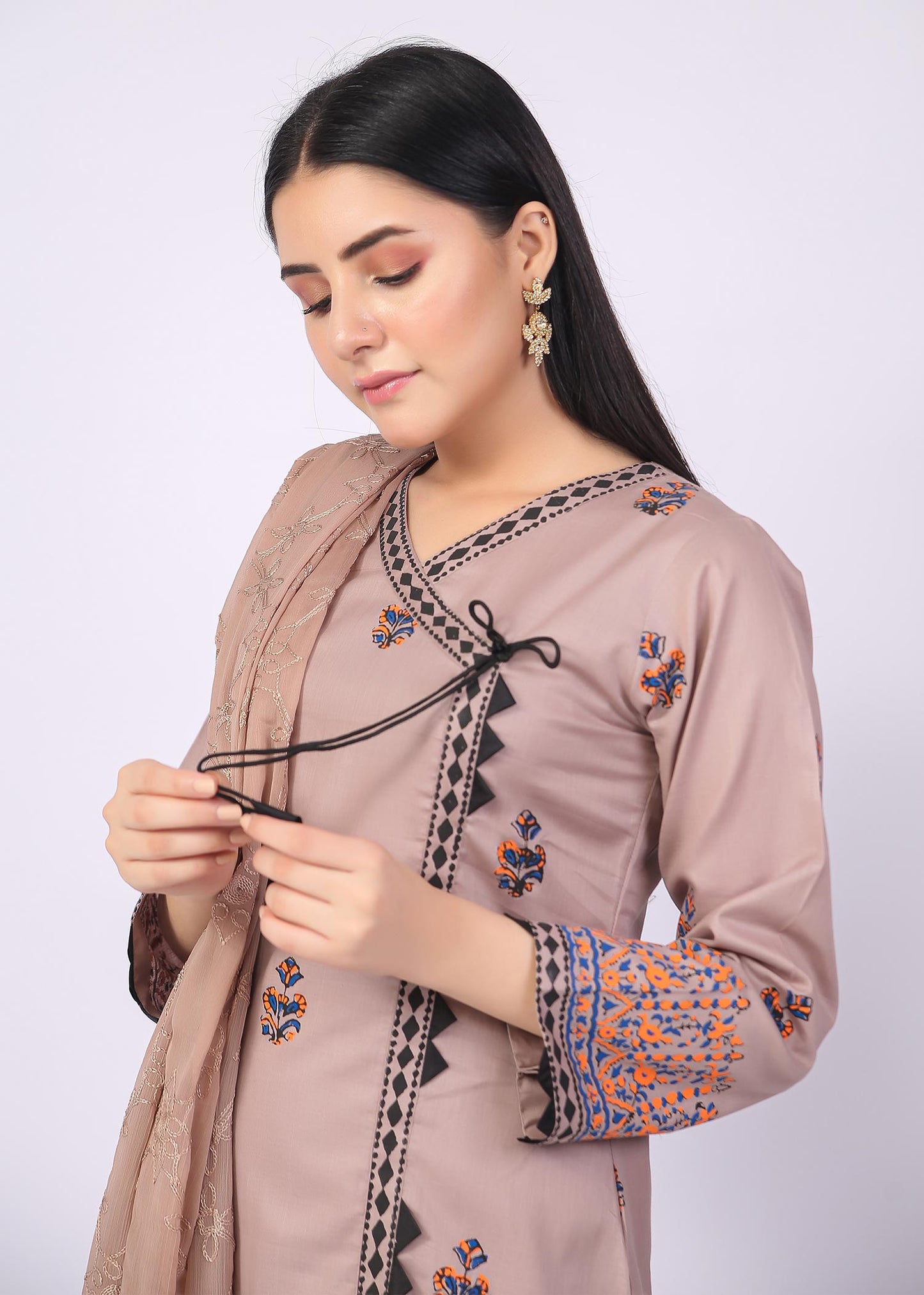 FashionPorters - Unstitched 3 Piece Block Printed Cotton Lawn Pastel Light Brown Suit SUS22-RY9