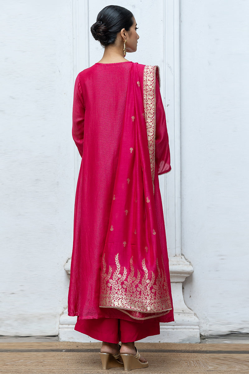 Bright Rose Pink Zari Woven Bemberg Silk Salwar Suit With Zari Woven Monga Silk Jacquard Dupatta