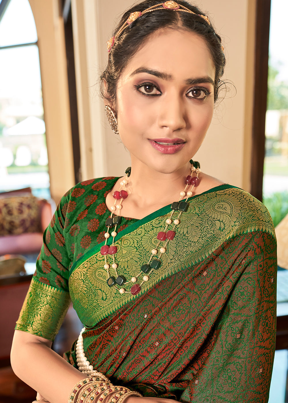 Slimy Green Woven Two Tone Soft Silk Saree