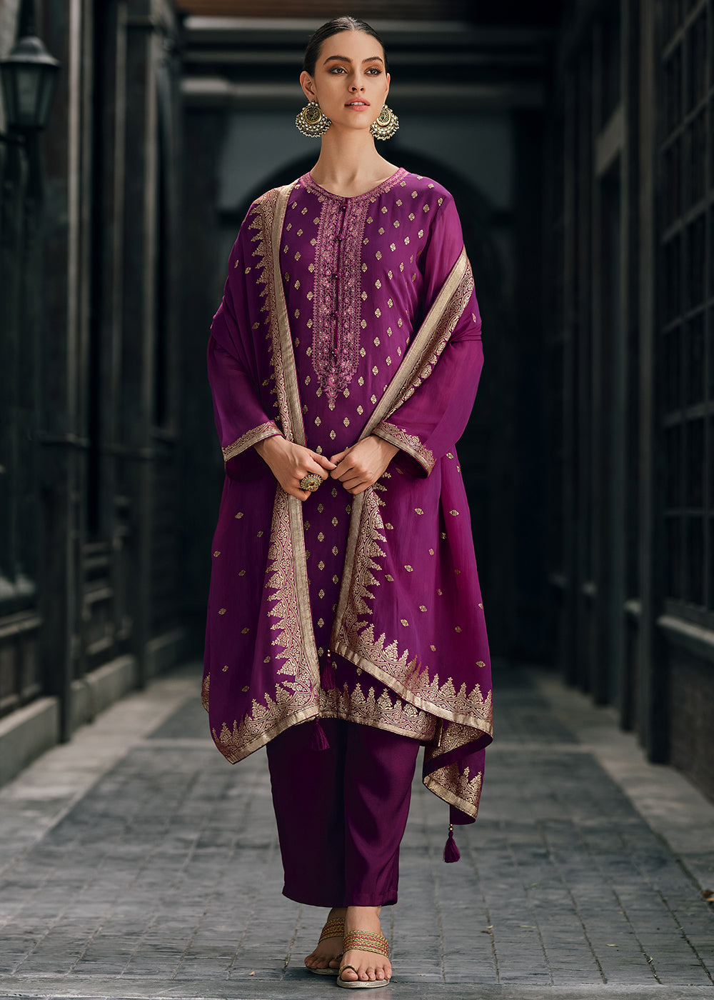 Mardi Gras Purple Designer Woven Viscose Organza Salwar Suit with Embroidery work: Top Pick