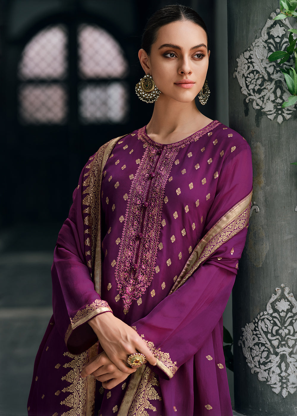 Mardi Gras Purple Designer Woven Viscose Organza Salwar Suit with Embroidery work: Top Pick