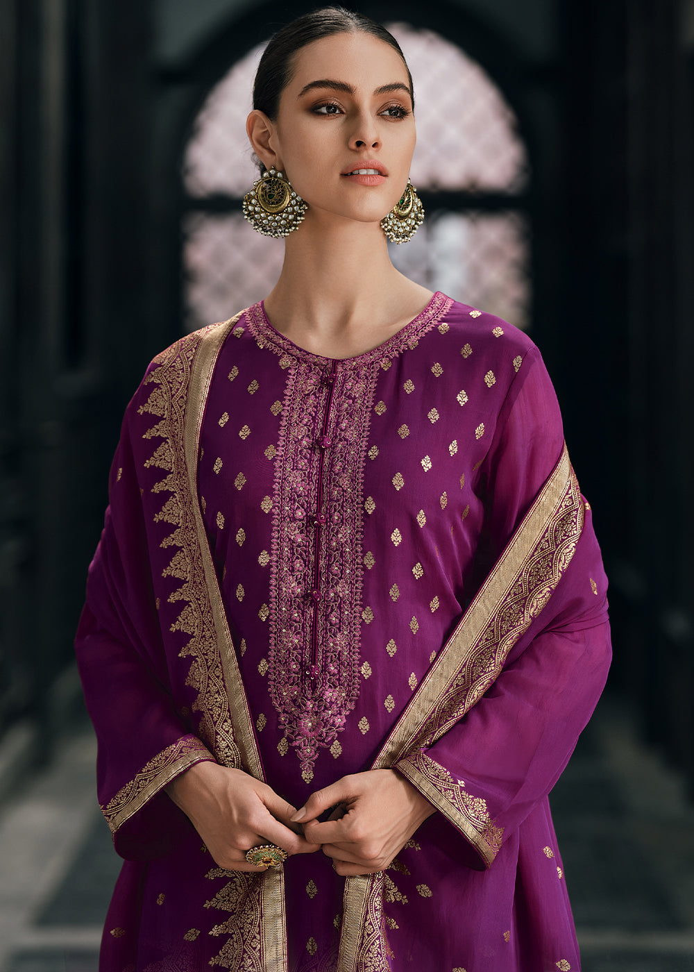 Mardi Gras Purple Designer Woven Viscose Organza Salwar Suit with Embroidery work: Top Pick