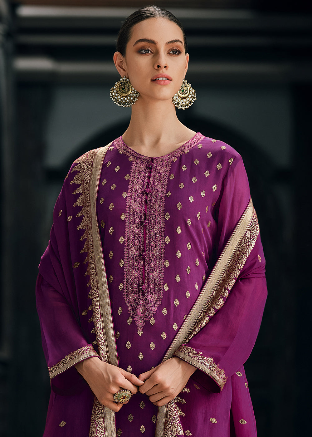 Mardi Gras Purple Designer Woven Viscose Organza Salwar Suit with Embroidery work: Top Pick