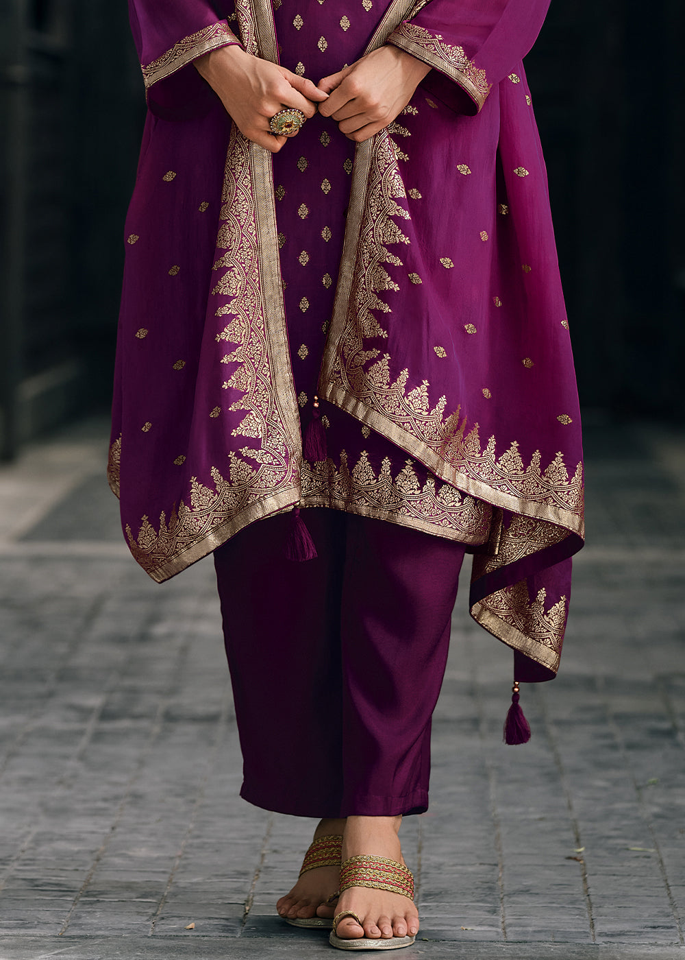 Mardi Gras Purple Designer Woven Viscose Organza Salwar Suit with Embroidery work: Top Pick