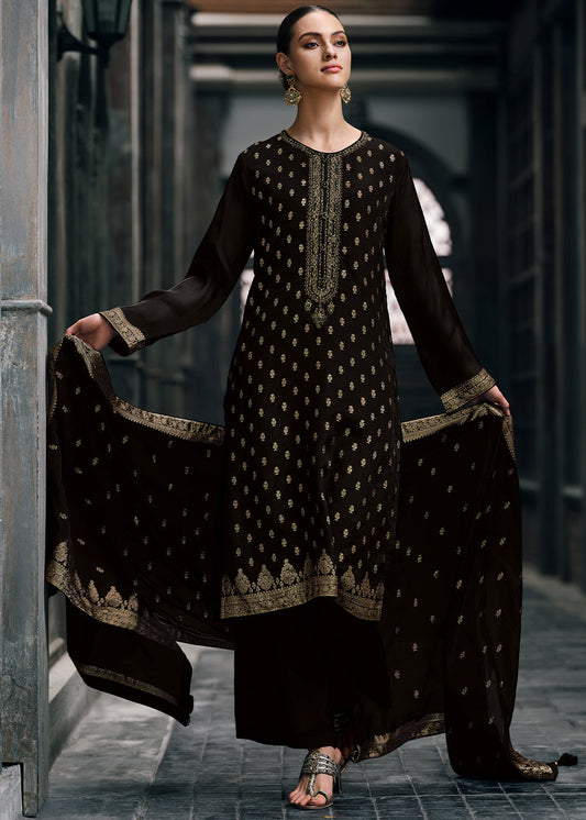 Pebble Black Designer Woven Viscose Organza Salwar Suit with Embroidery work: Top Pick