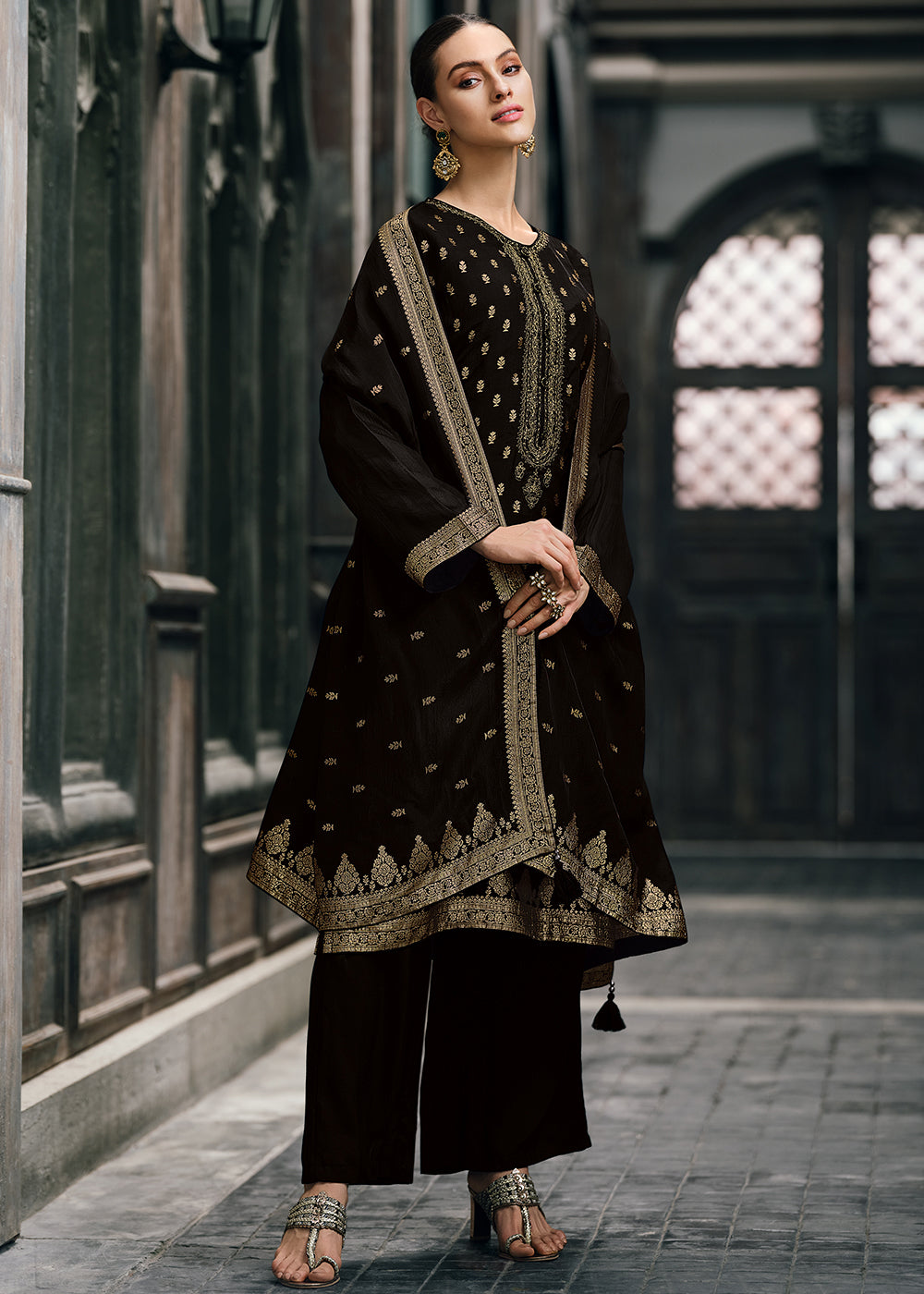 Pebble Black Designer Woven Viscose Organza Salwar Suit with Embroidery work: Top Pick