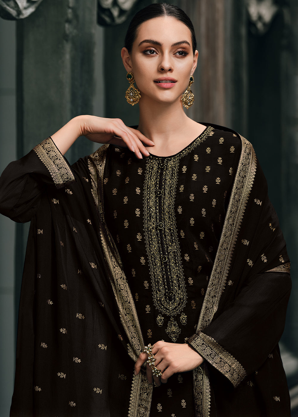 Pebble Black Designer Woven Viscose Organza Salwar Suit with Embroidery work: Top Pick