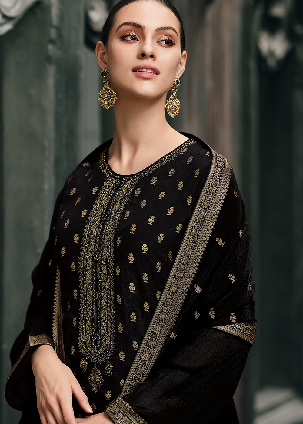 Pebble Black Designer Woven Viscose Organza Salwar Suit with Embroidery work: Top Pick