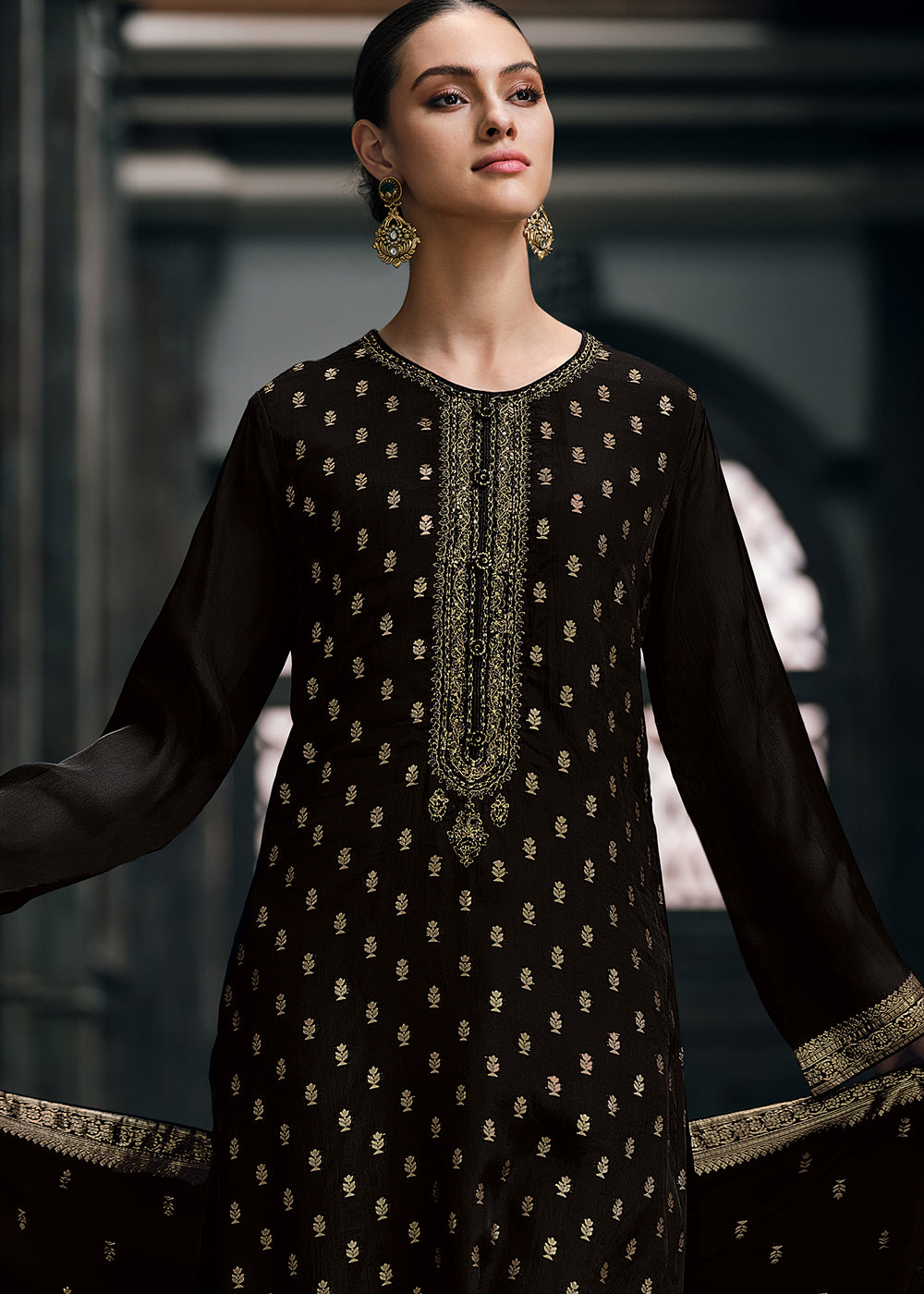 Pebble Black Designer Woven Viscose Organza Salwar Suit with Embroidery work: Top Pick