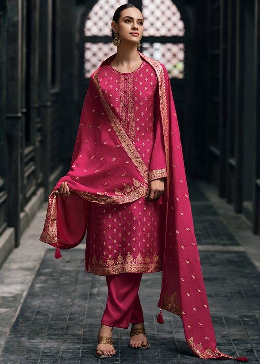 Fiery Rose Pink Designer Woven Viscose Organza Salwar Suit with Embroidery work: Top Pick