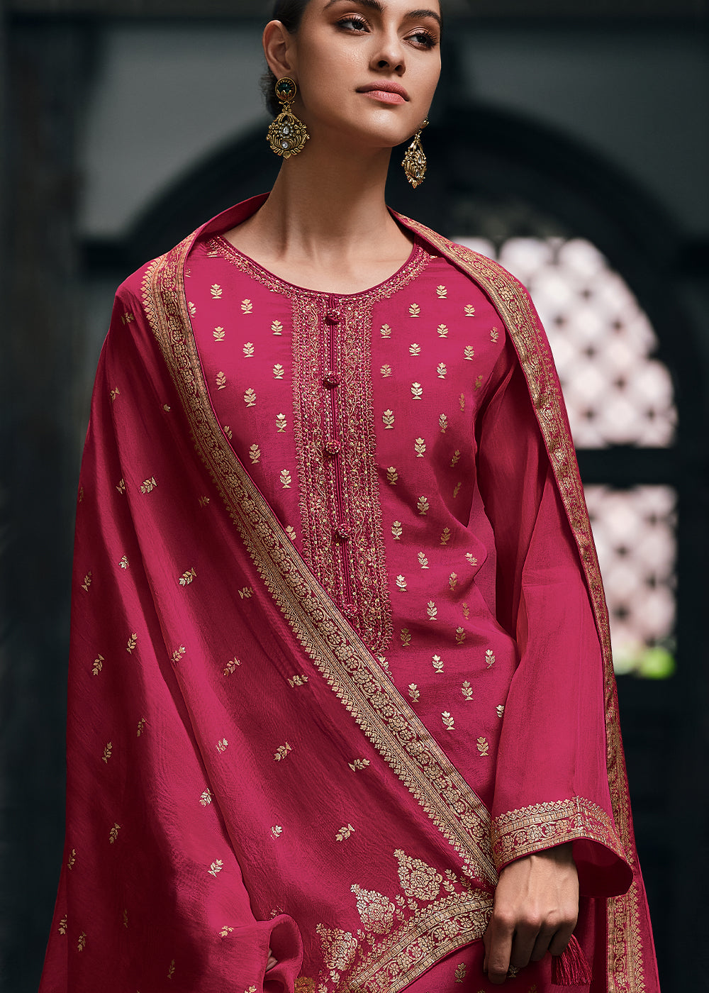 Fiery Rose Pink Designer Woven Viscose Organza Salwar Suit with Embroidery work: Top Pick