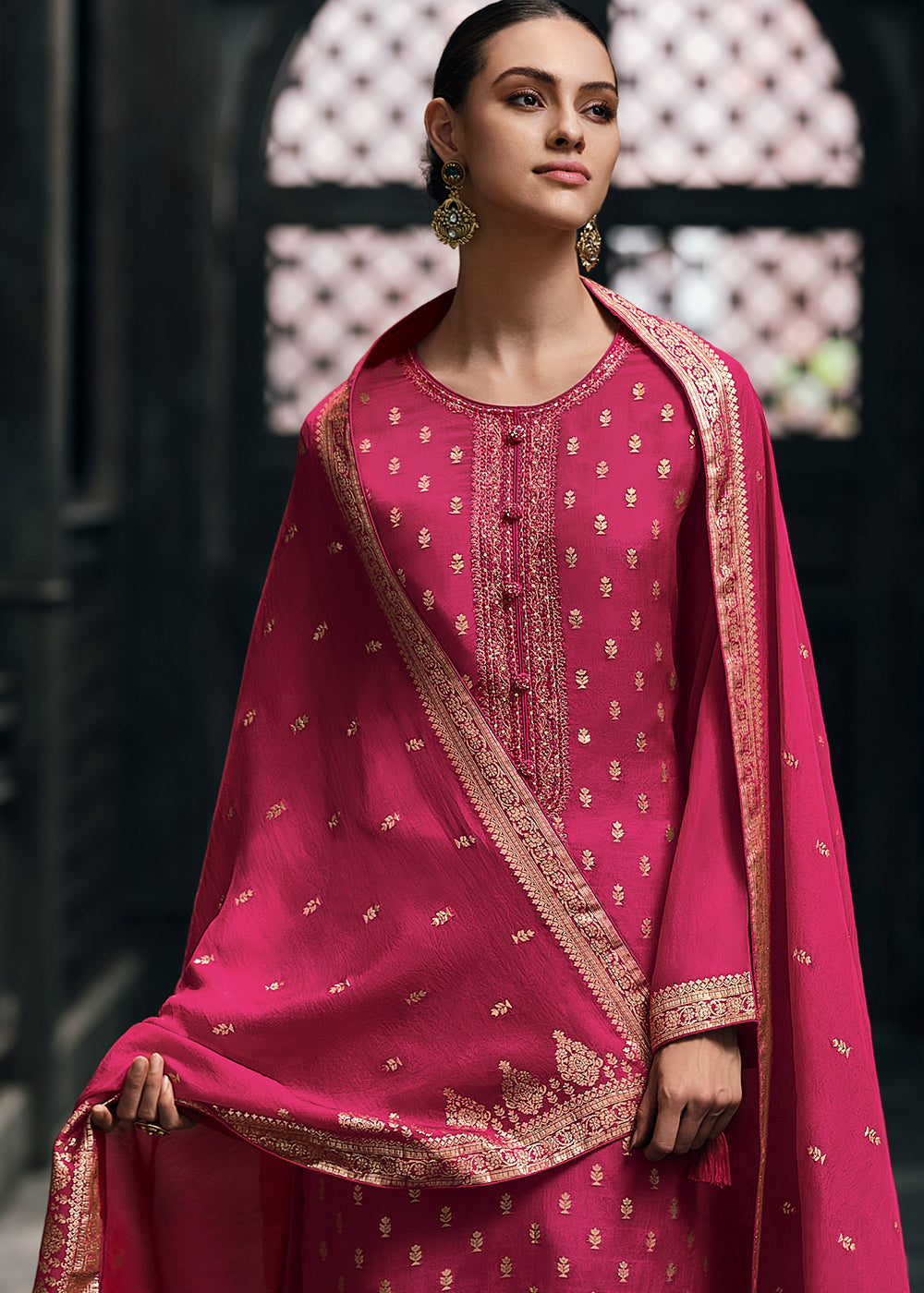 Fiery Rose Pink Designer Woven Viscose Organza Salwar Suit with Embroidery work: Top Pick