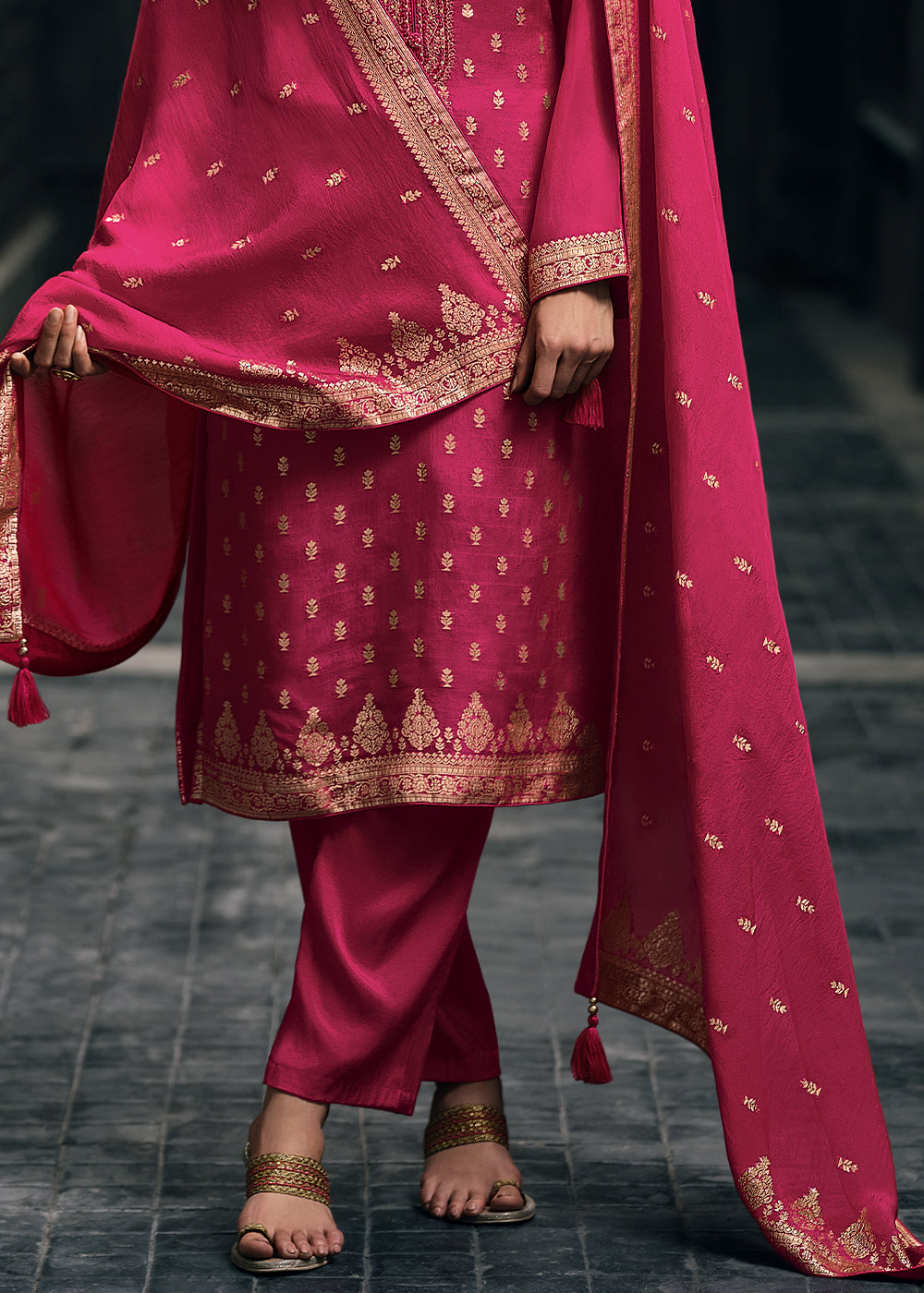 Fiery Rose Pink Designer Woven Viscose Organza Salwar Suit with Embroidery work: Top Pick