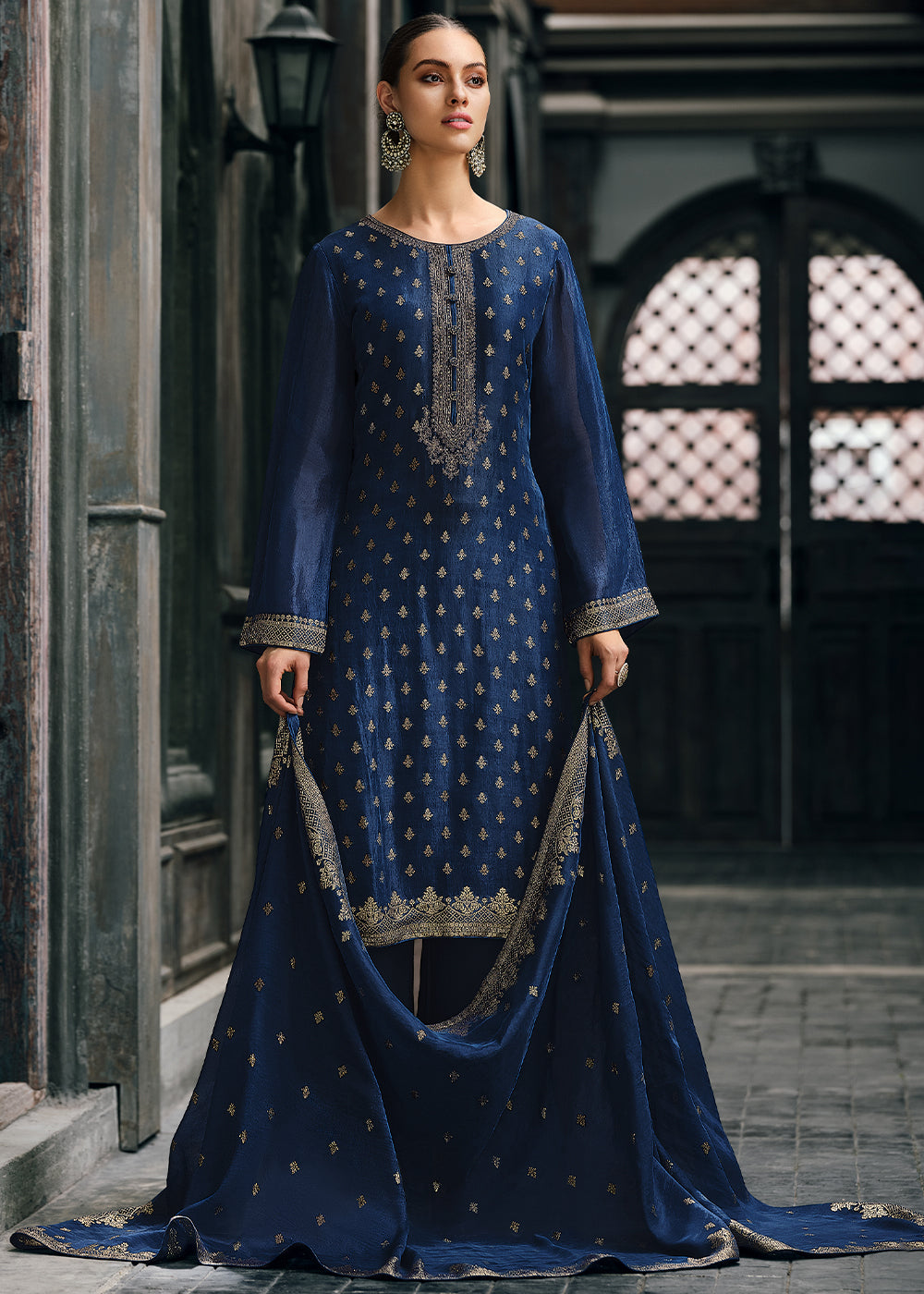 Berry Blue Designer Woven Viscose Organza Salwar Suit with Embroidery work: Top Pick