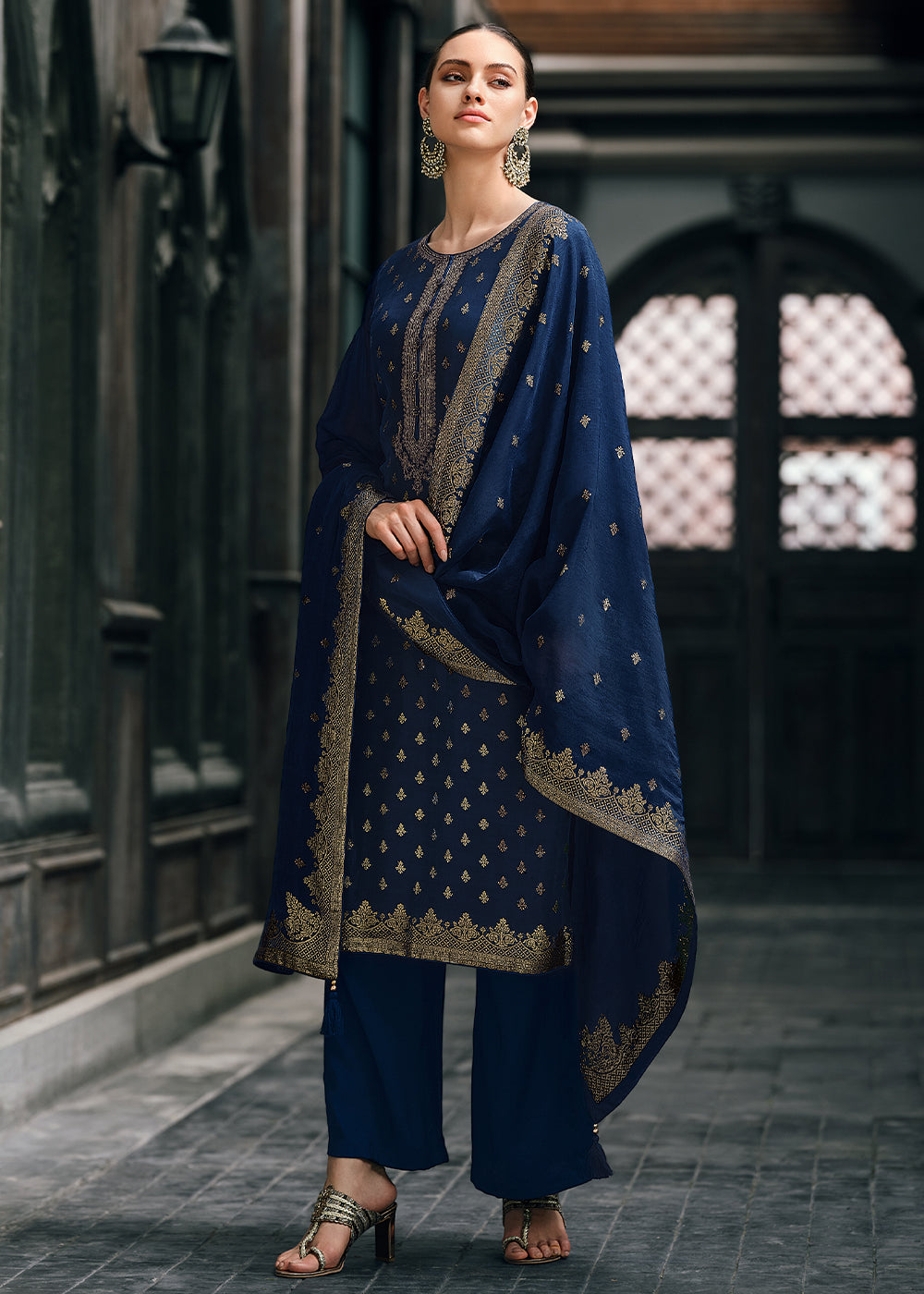 Berry Blue Designer Woven Viscose Organza Salwar Suit with Embroidery work: Top Pick