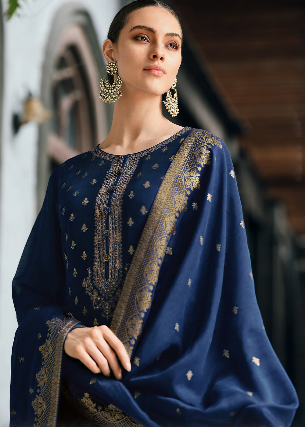 Berry Blue Designer Woven Viscose Organza Salwar Suit with Embroidery work: Top Pick