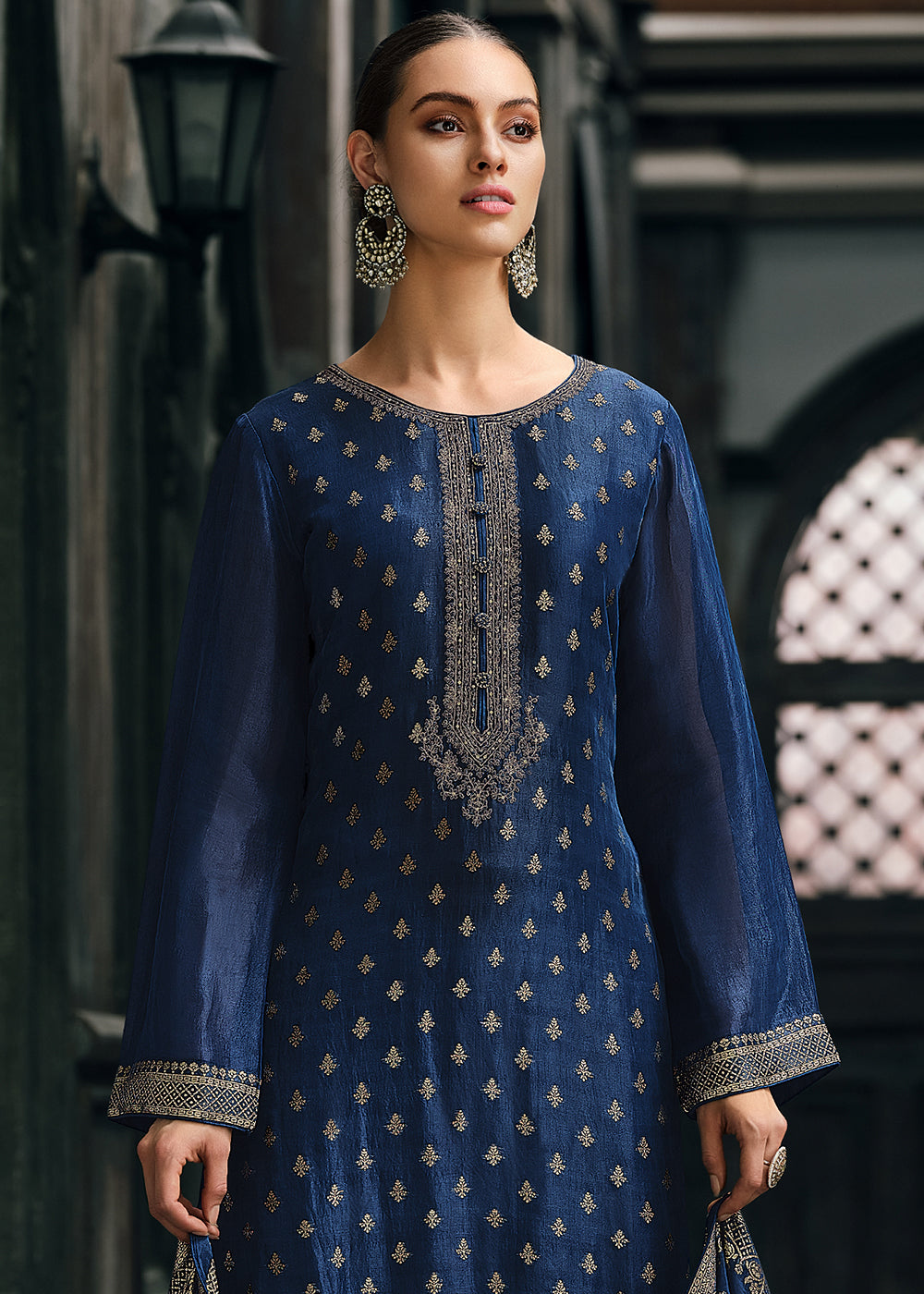 Berry Blue Designer Woven Viscose Organza Salwar Suit with Embroidery work: Top Pick