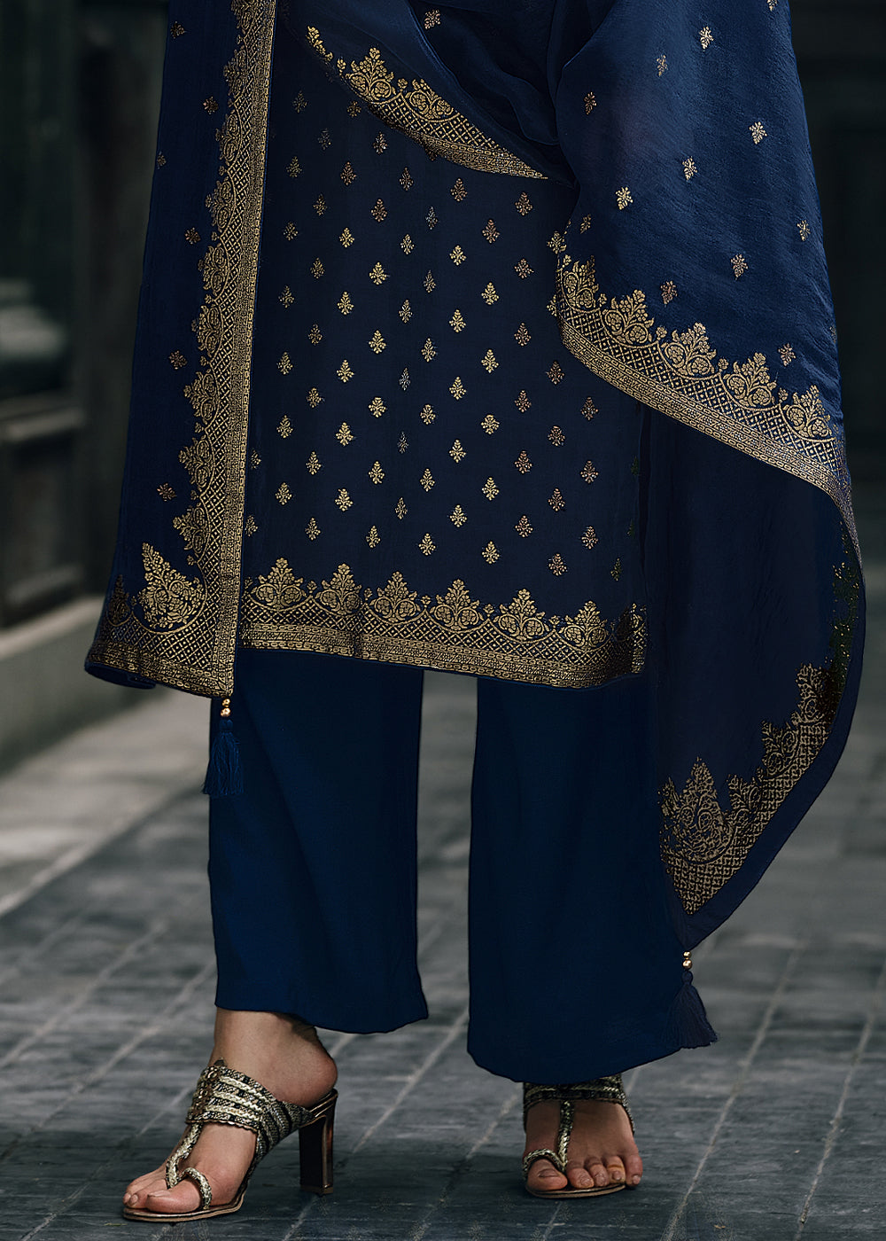 Berry Blue Designer Woven Viscose Organza Salwar Suit with Embroidery work: Top Pick