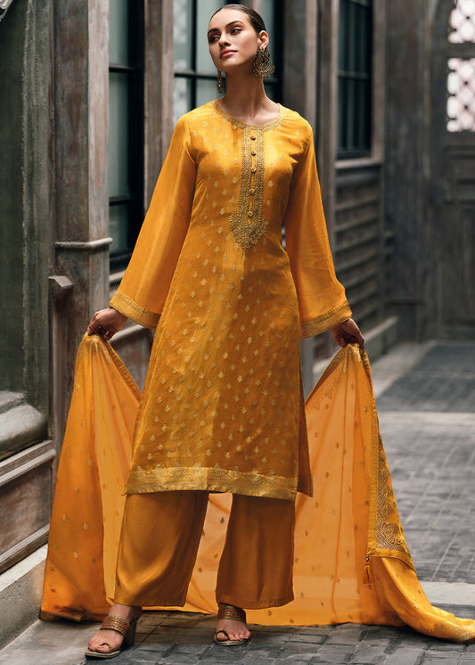 Honey Yellow Designer Woven Viscose Organza Salwar Suit with Embroidery work: Top Pick