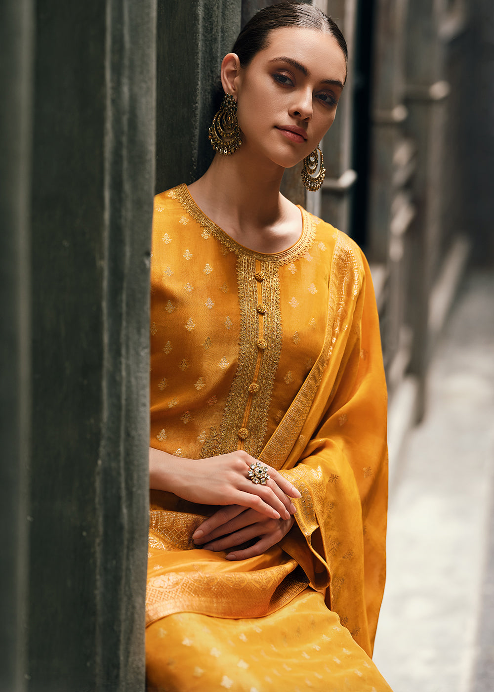 Honey Yellow Designer Woven Viscose Organza Salwar Suit with Embroidery work: Top Pick