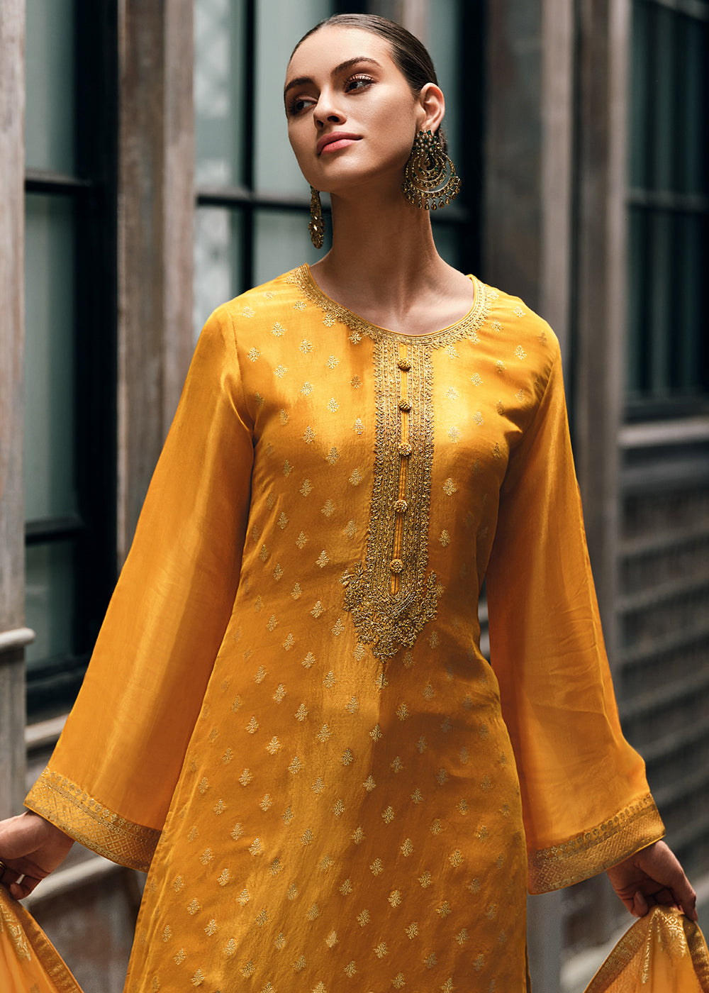 Honey Yellow Designer Woven Viscose Organza Salwar Suit with Embroidery work: Top Pick