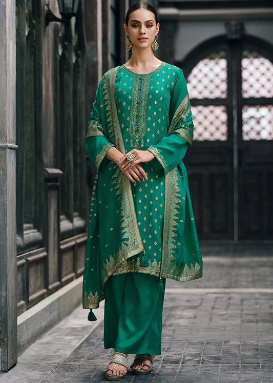 Munsell Green Designer Woven Viscose Organza Salwar Suit with Embroidery work: Top Pick